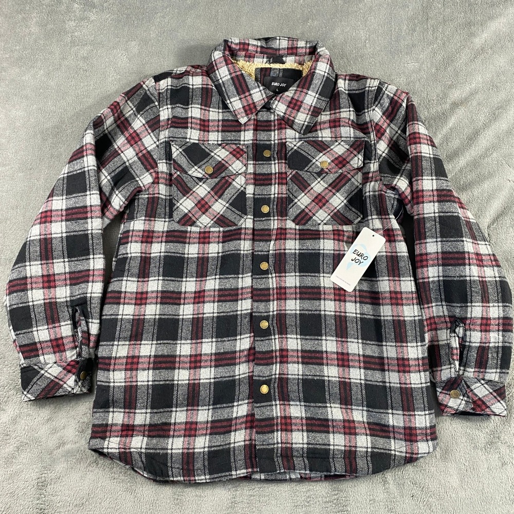 EURO JOY Flannel Shirt Jacket Men L Sherpa Lined Plaid Shacket Snap Outdoor Warm